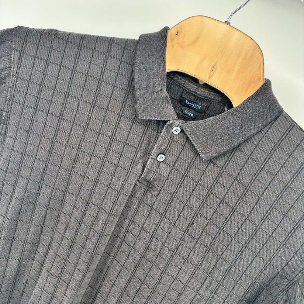 Van Heusen Studio Men’s XL Black Textured Grid Polo Shirt Short Sleeve